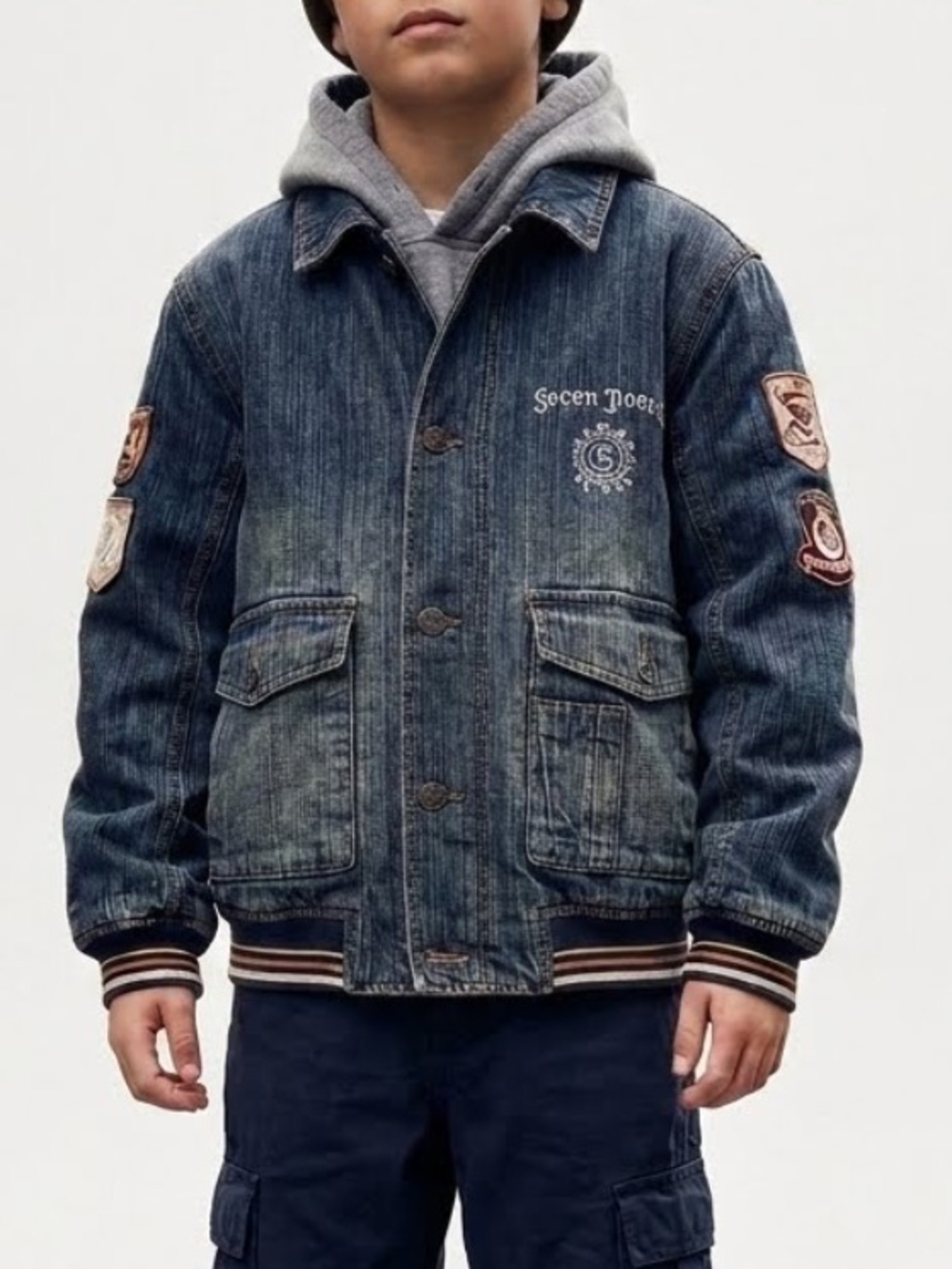 Vintage Sean John Kids Bomber Jean Jacket Denim Lined Cargo Pockets School Sz 6